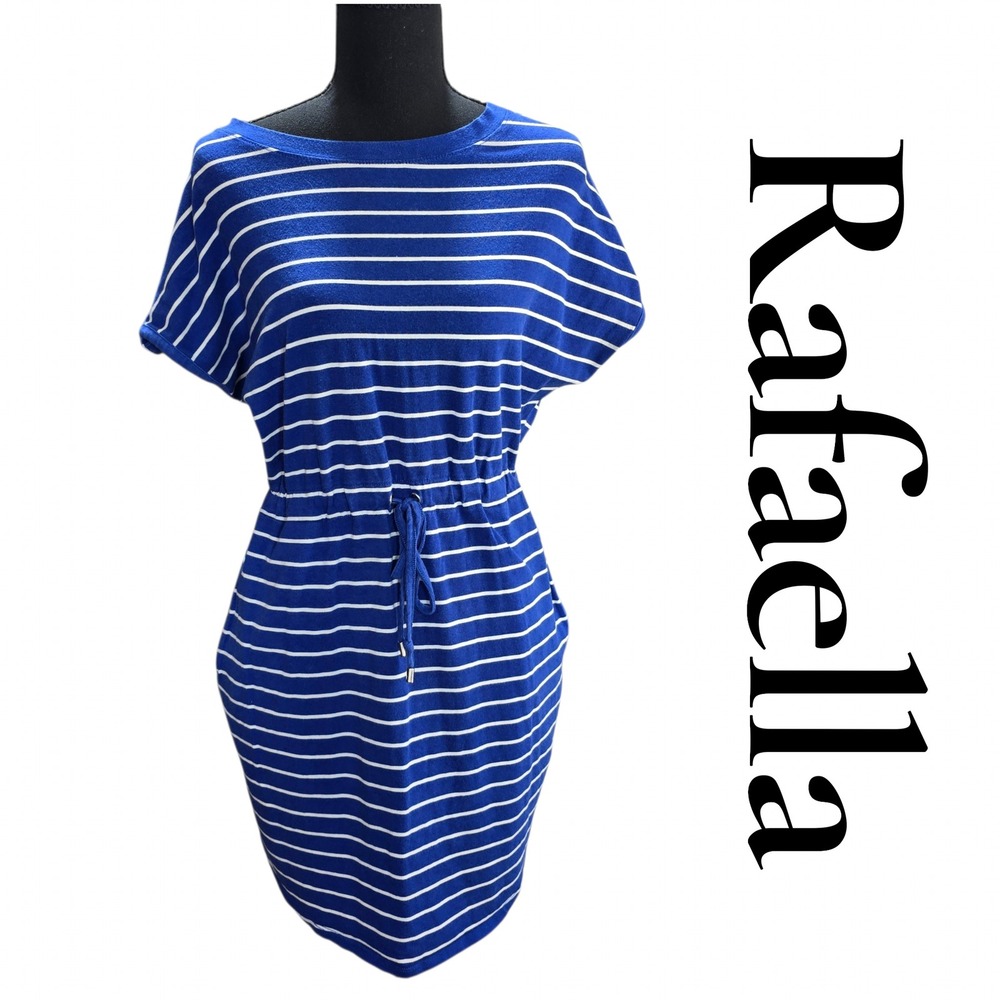 Rafaella Dress Womens Small Blue White Striped Cotton Modal Drawstring Casual S